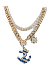 Gold Metal Chain Blue Anchor Charm Nautical Ship Necklace