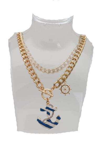 Women Gold Metal Chain Blue Anchor Charm Nautical Ship Fashion Jewelry Necklace Ocean Ship Style