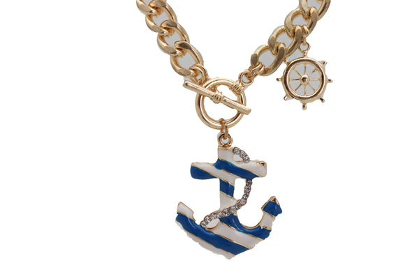 Women Gold Metal Chain White Blue Stripes Anchor Charm Nautical Ship Fashion Jewelry Necklace