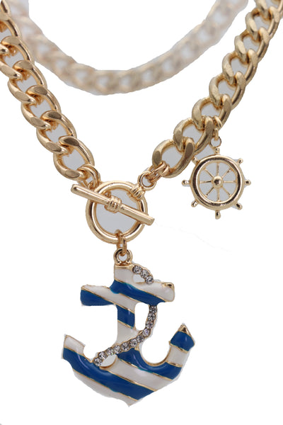 Brand New Women Gold Metal Chain Blue Anchor Charm Nautical Ship Fashion Jewelry Necklace
