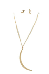 Gold Metal Chain Long Fashion Necklace Jewelry Long Moon Pendant + Earring