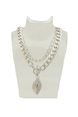 Silver Metal Chain Links Necklace Leaf Bling Bean Pendant