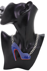 Silver Metal Chain Necklace Blue Heel Pump Shoe Pendant