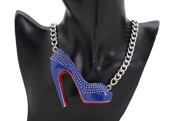 Brand New Women Fashion Jewelry Silver Metal Chain Necklace Blue Heel Pump Shoe Pendant
