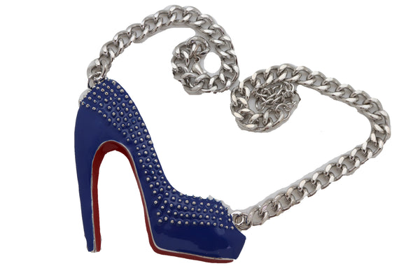 Brand New Women Fashion Jewelry Silver Metal Chain Necklace Blue Heel Pump Shoe Pendant
