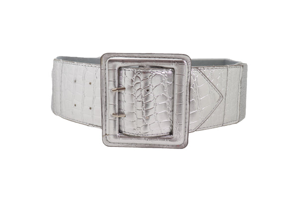 Brand New Women Hip Waist Silver Faux Leather Wide Elastic Belt Big Square Buckle M L XL