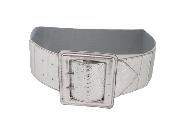 Brand New Women Hip Waist Silver Faux Leather Wide Elastic Belt Big Square Buckle M L XL
