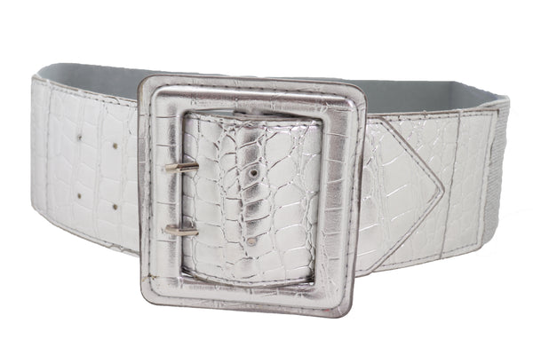Brand New Women Hip Waist Silver Faux Leather Wide Elastic Belt Big Square Buckle M L XL
