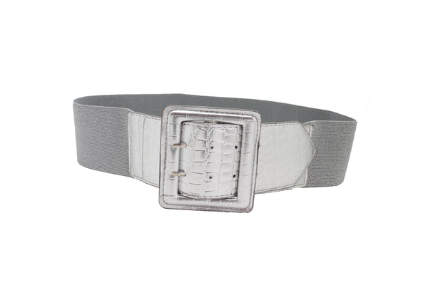 Brand New Women Hip Waist Silver Faux Leather Wide Elastic Belt Big Square Buckle M L XL