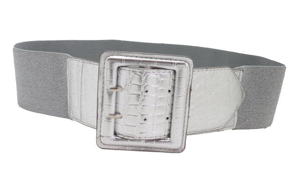Brand New Women Hip Waist Silver Faux Leather Wide Elastic Belt Big Square Buckle M L XL