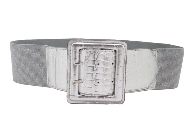 Brand New Women Hip Waist Silver Faux Leather Wide Elastic Belt Big Square Buckle M L XL