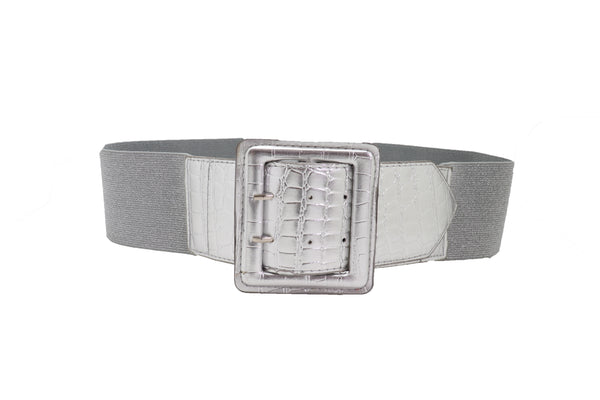 Brand New Women Hip Waist Silver Faux Leather Wide Elastic Belt Big Square Buckle M L XL