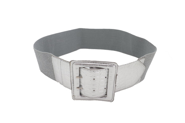 Brand New Women Hip Waist Silver Faux Leather Wide Elastic Belt Big Square Buckle M L XL