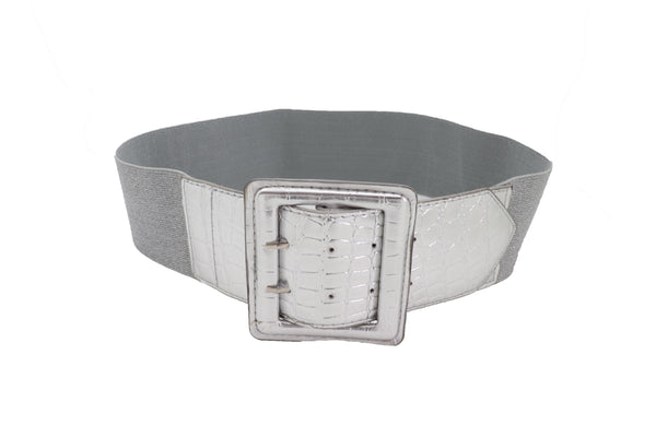 Brand New Women Hip Waist Silver Faux Leather Wide Elastic Belt Big Square Buckle M L XL