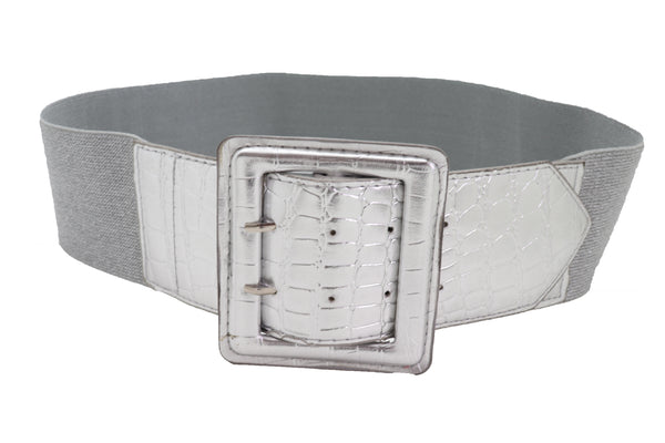 Brand New Women Hip Waist Silver Faux Leather Wide Elastic Belt Big Square Buckle M L XL