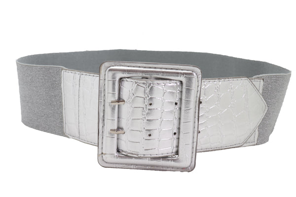 Brand New Women Hip Waist Silver Faux Leather Wide Elastic Belt Big Square Buckle M L XL