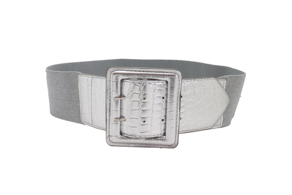 Brand New Women Hip Waist Silver Faux Leather Wide Elastic Belt Big Square Buckle M L XL
