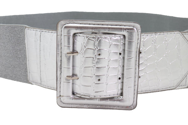 Brand New Women Hip Waist Silver Faux Leather Wide Elastic Belt Big Square Buckle M L XL