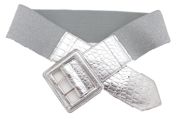 Brand New Women Hip Waist Silver Faux Leather Wide Elastic Belt Big Square Buckle M L XL