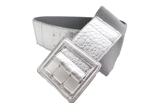 Brand New Women Hip Waist Silver Faux Leather Wide Elastic Belt Big Square Buckle M L XL