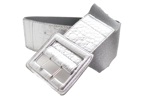 Brand New Women Hip Waist Silver Faux Leather Wide Elastic Belt Big Square Buckle M L XL