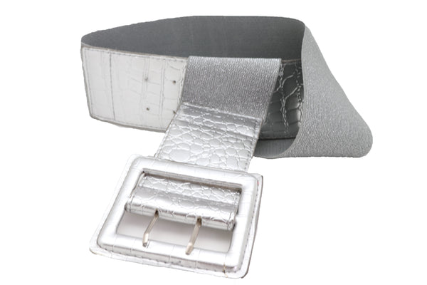 Brand New Women Hip Waist Silver Faux Leather Wide Elastic Belt Big Square Buckle M L XL