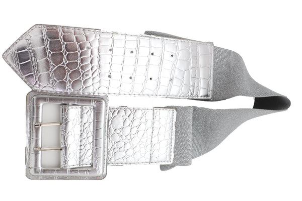Brand New Women Hip Waist Silver Faux Leather Wide Elastic Belt Big Square Buckle M L XL