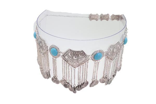 Brand New Women Ethnic Fashion Silver Metal Chain Coin Belt Turquoise Blue Beads Hip S M