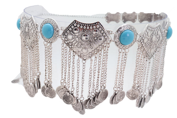 Brand New Women Ethnic Fashion Silver Metal Chain Coin Belt Turquoise Blue Beads Hip S M