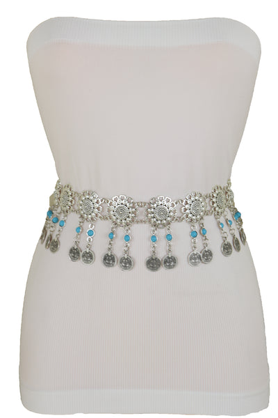 Brand New Women Ethnic Fashion Silver Metal Flower Chain Belt Turquoise Blue Beads Fit S M