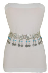 Ethnic Fashion Silver Metal Flower Chain Belt Turquoise Blue Beads Fit S M