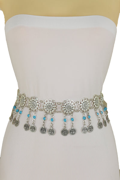 Brand New Women Ethnic Fashion Silver Metal Flower Chain Belt Turquoise Blue Beads Fit S M
