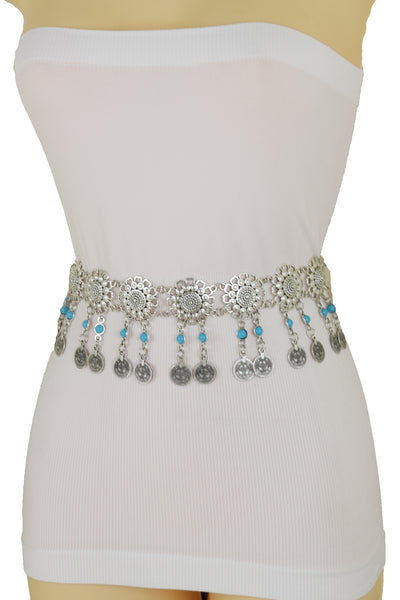Brand New Women Ethnic Fashion Silver Metal Flower Chain Belt Turquoise Blue Beads Fit S M