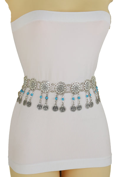 Brand New Women Ethnic Fashion Silver Metal Flower Chain Belt Turquoise Blue Beads Fit S M