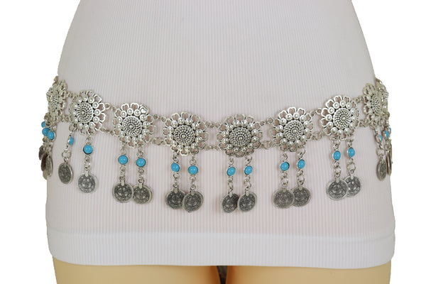 Brand New Women Ethnic Fashion Silver Metal Flower Chain Belt Turquoise Blue Beads Fit S M