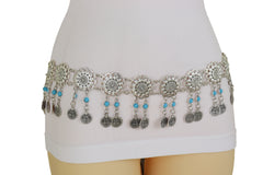 Ethnic Fashion Silver Metal Flower Chain Belt Turquoise Blue Beads Fit S M