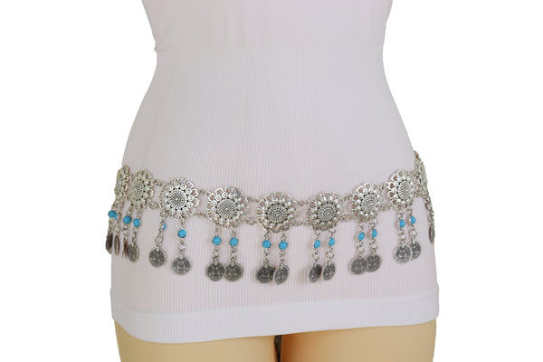 Brand New Women Ethnic Fashion Silver Metal Flower Chain Belt Turquoise Blue Beads Fit S M