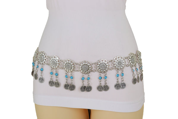 Brand New Women Ethnic Fashion Silver Metal Flower Chain Belt Turquoise Blue Beads Fit S M