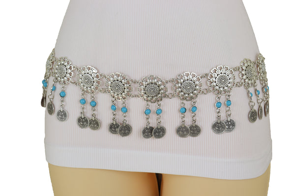 Brand New Women Ethnic Fashion Silver Metal Flower Chain Belt Turquoise Blue Beads Fit S M