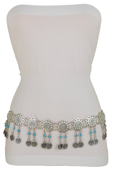 Brand New Women Ethnic Fashion Silver Metal Flower Chain Belt Turquoise Blue Beads Fit S M