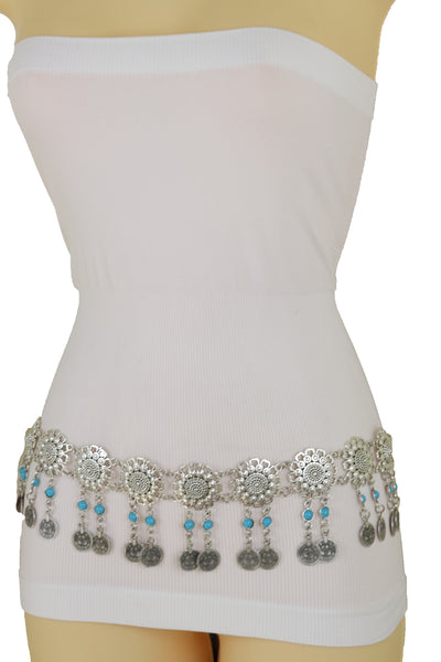 Brand New Women Ethnic Fashion Silver Metal Flower Chain Belt Turquoise Blue Beads Fit S M