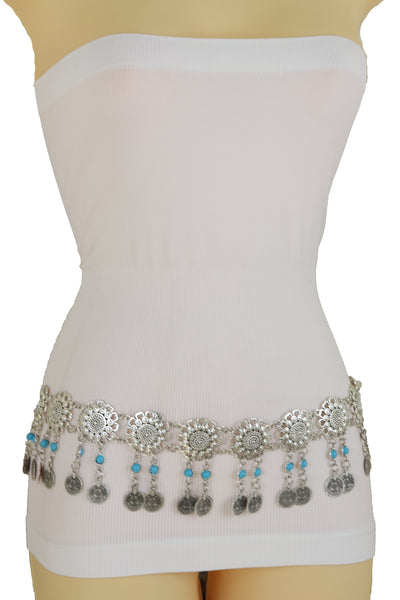 Brand New Women Ethnic Fashion Silver Metal Flower Chain Belt Turquoise Blue Beads Fit S M