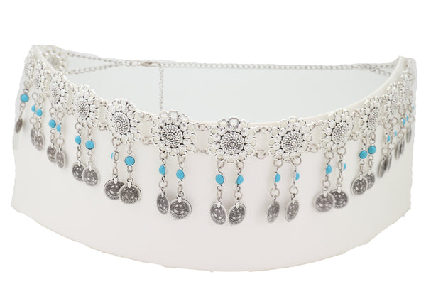Brand New Women Ethnic Fashion Silver Metal Flower Chain Belt Turquoise Blue Beads Fit S M