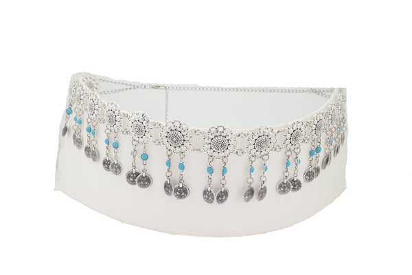 Brand New Women Ethnic Fashion Silver Metal Flower Chain Belt Turquoise Blue Beads Fit S M