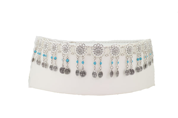 Brand New Women Ethnic Fashion Silver Metal Flower Chain Belt Turquoise Blue Beads Fit S M