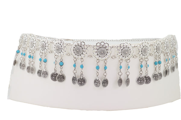 Brand New Women Ethnic Fashion Silver Metal Flower Chain Belt Turquoise Blue Beads Fit S M