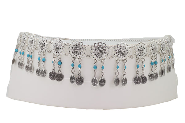 Brand New Women Ethnic Fashion Silver Metal Flower Chain Belt Turquoise Blue Beads Fit S M