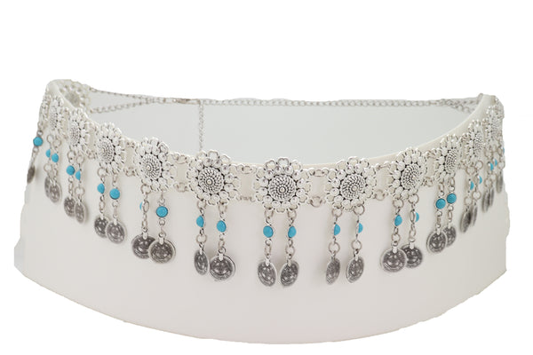 Brand New Women Ethnic Fashion Silver Metal Flower Chain Belt Turquoise Blue Beads Fit S M