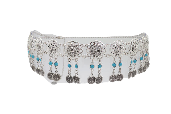 Brand New Women Ethnic Fashion Silver Metal Flower Chain Belt Turquoise Blue Beads Fit S M