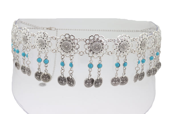 Brand New Women Ethnic Fashion Silver Metal Flower Chain Belt Turquoise Blue Beads Fit S M